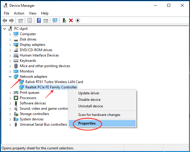 Choose Properties of Network adapter