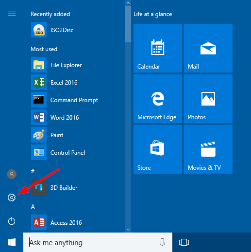 Open Settings in Start Menu