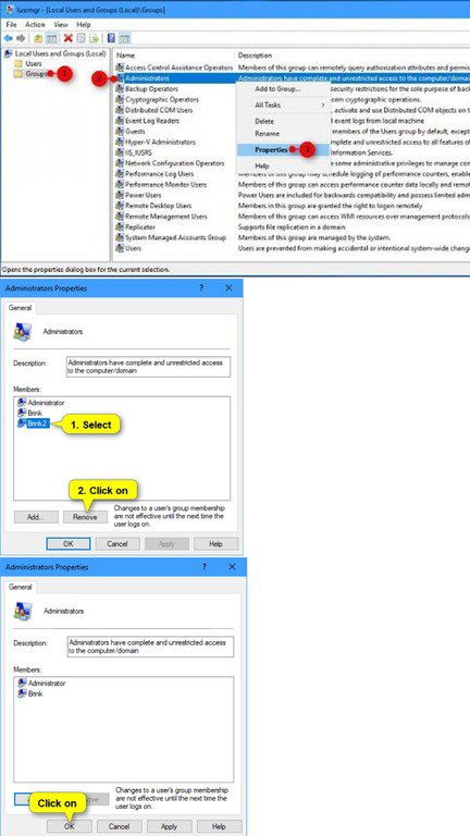 Second step to remove local group member is to Remove Users from Groups