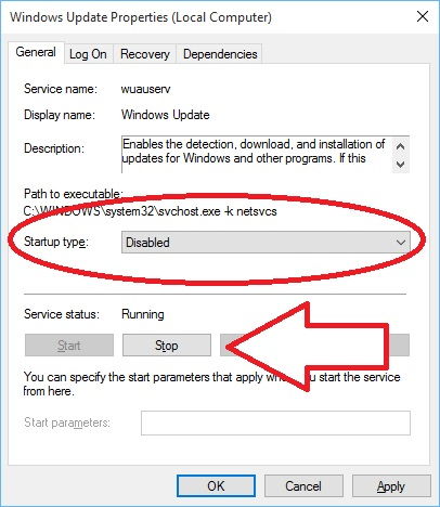 Step 3 to disable windows auto update is to Select Option Disabled In Window with Startup Type