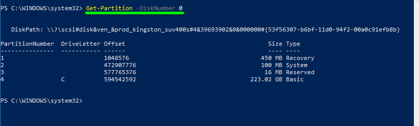 Get hard drive information powershell. Display all sections of disk 0