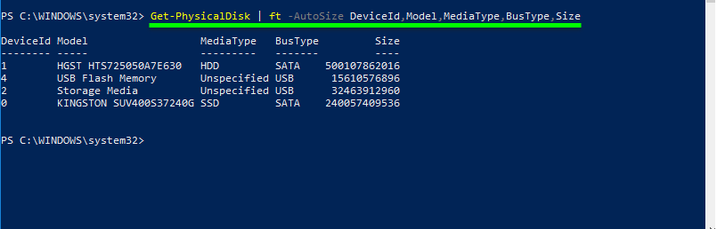 display the device number, model, drive type, bus type, and size