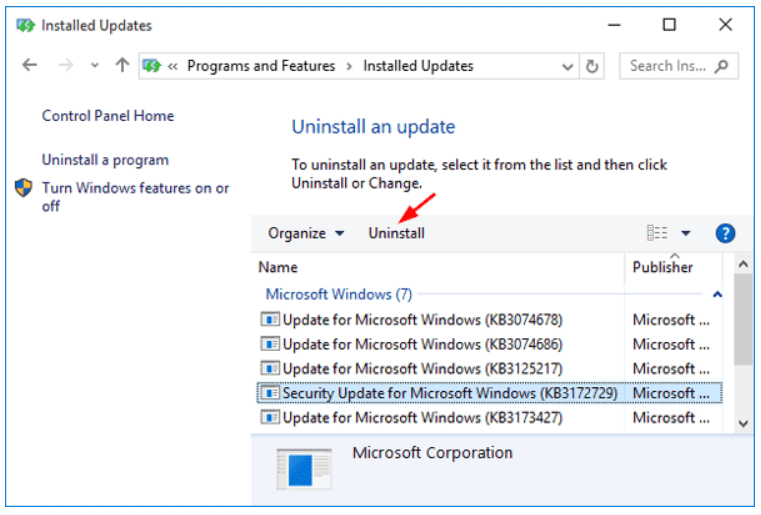 Step 7 to fix trouble when Microsoft Windows Updates not working Is to Choose to Uninstall Any of These Updates