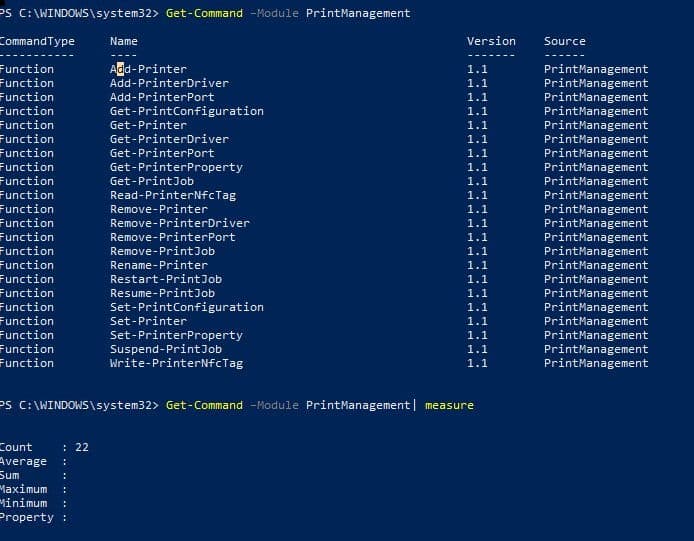 Step 1 to Work With Remote Network Printer is to use command Get Command Module PrintManagement