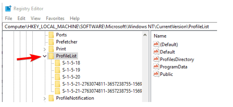 Go to the ProfileList Registry key Find the Following Registry key