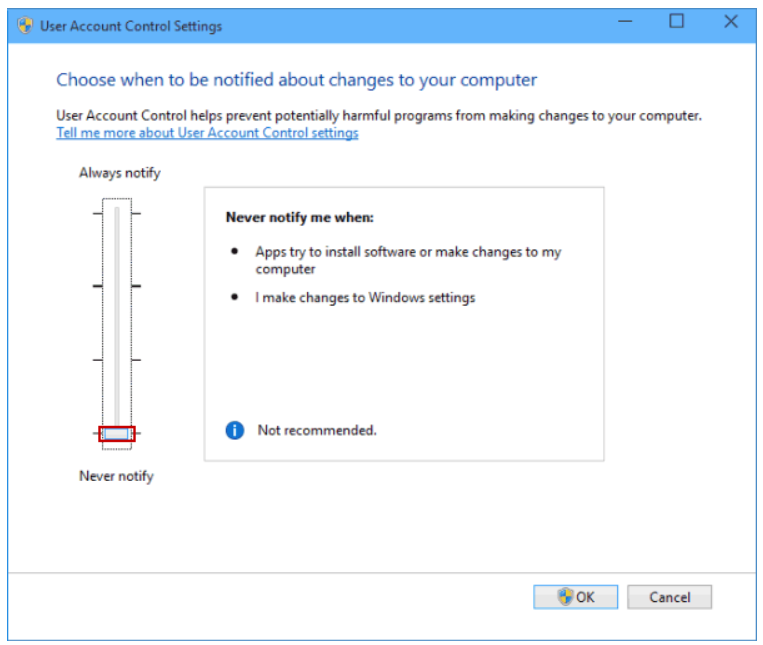 User Account Control disable the UAC of Windows 10