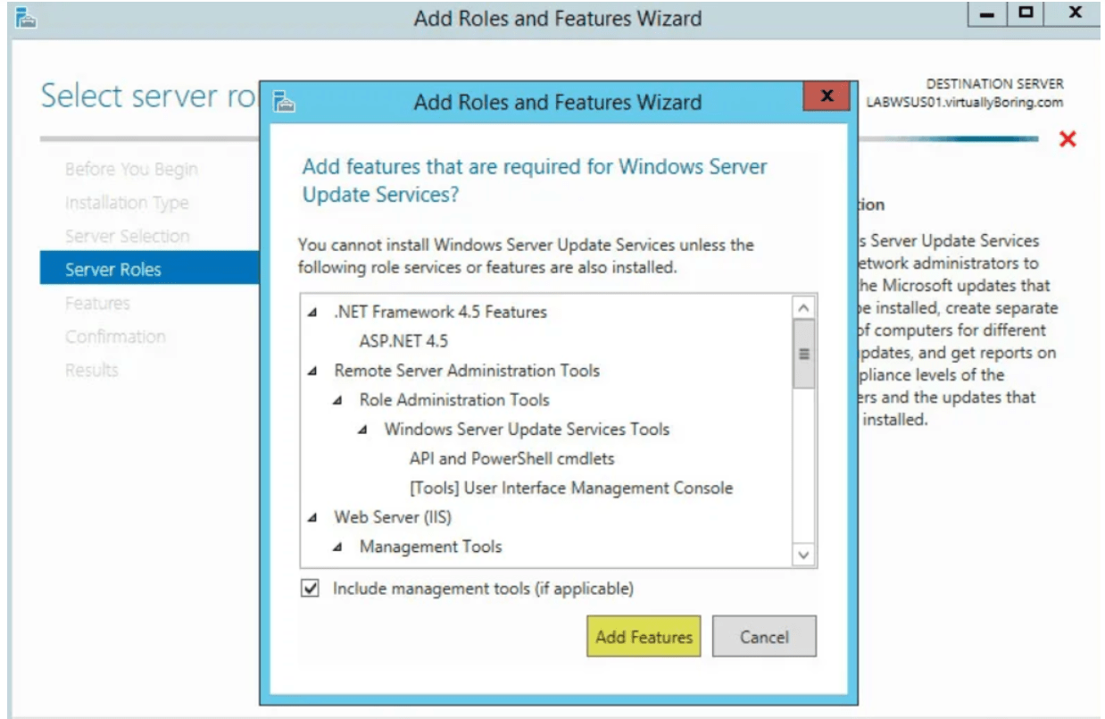 add all the necessary roles Install WSUS. Add Roles and Features Wizard