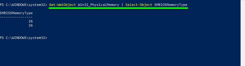 Powershell check ram type shows that DDR4 memory modules are installed