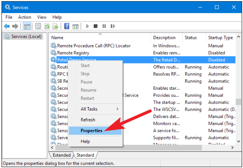 choose the Properties command Find the service