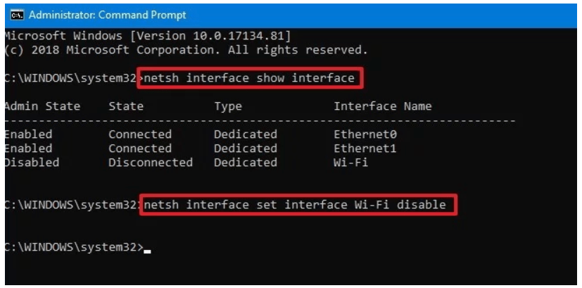 The next step to disable or enable network adapter is to use command netsh interface set interface disable