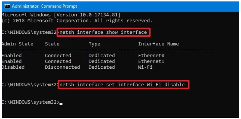 netsh interface set interface Wi-Fi 12 disable The next step to disable or enable network adapter is to use command netsh interface set interface disable
