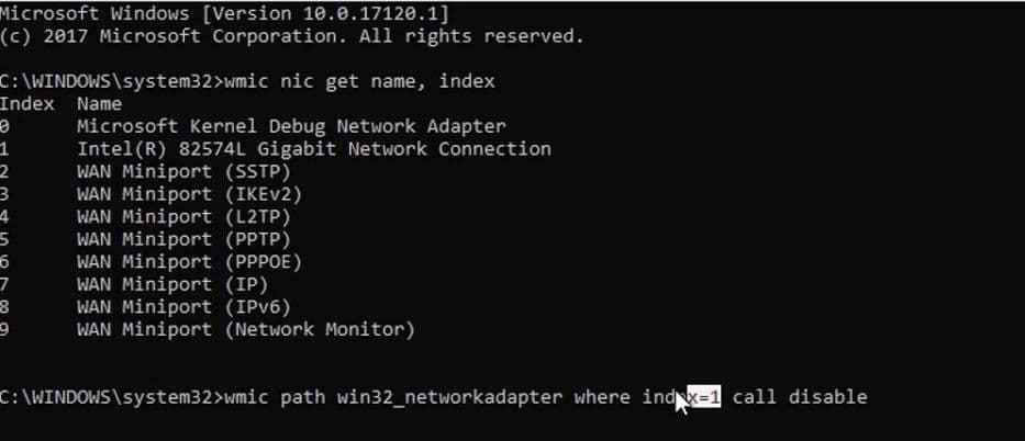 The next step to disable or enable network adapter is to use wmic command