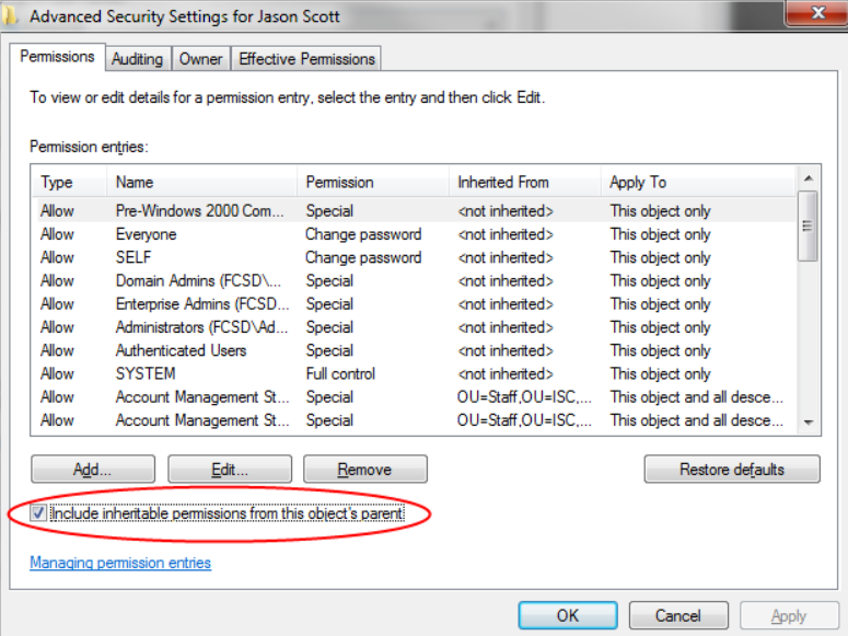 Deselect Include inheritable permissions Deselect Include inheritable permissions
