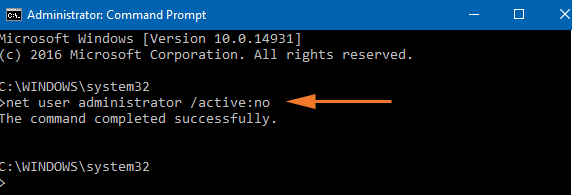 net user admin active no Step 1 to disable Built-in Administrator Account is to use net user administrator active no key