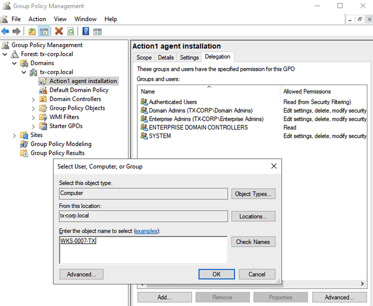 New Group Policy - the Delegation tab