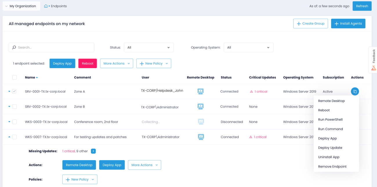 The Endpoints dashboard