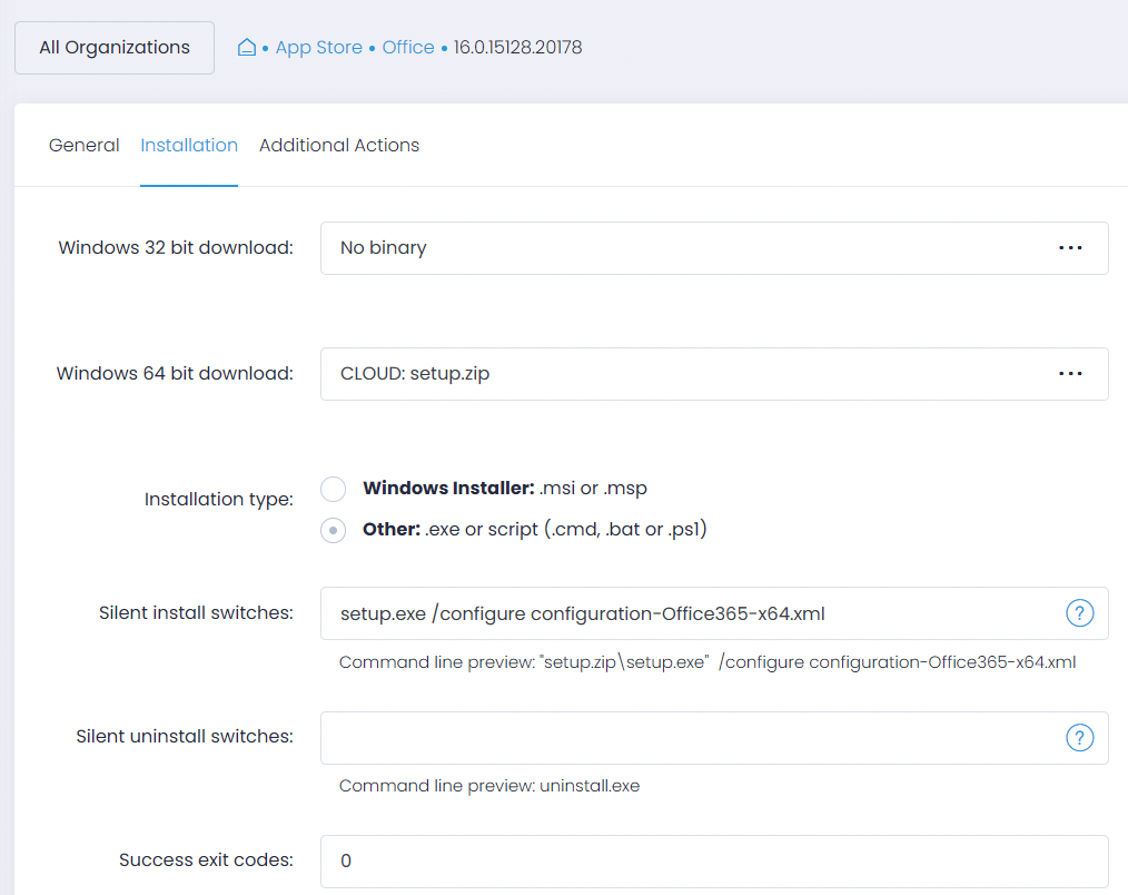 Uploading the Office app package to Action1 Cloud