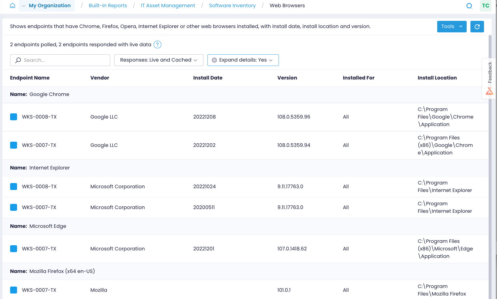 report-web-browsers Acquire a list of web browsers deployed on your managed endpoints