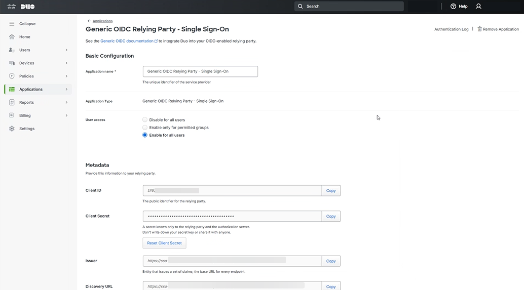 duo_metadata Configure redirect URI and method settings