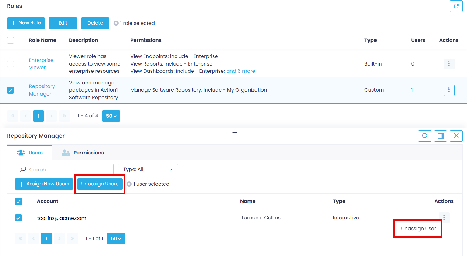 unassign_role Manage user access to Action1