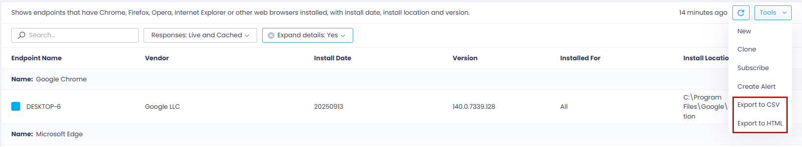 export-report Endpoints view and General tab expanded