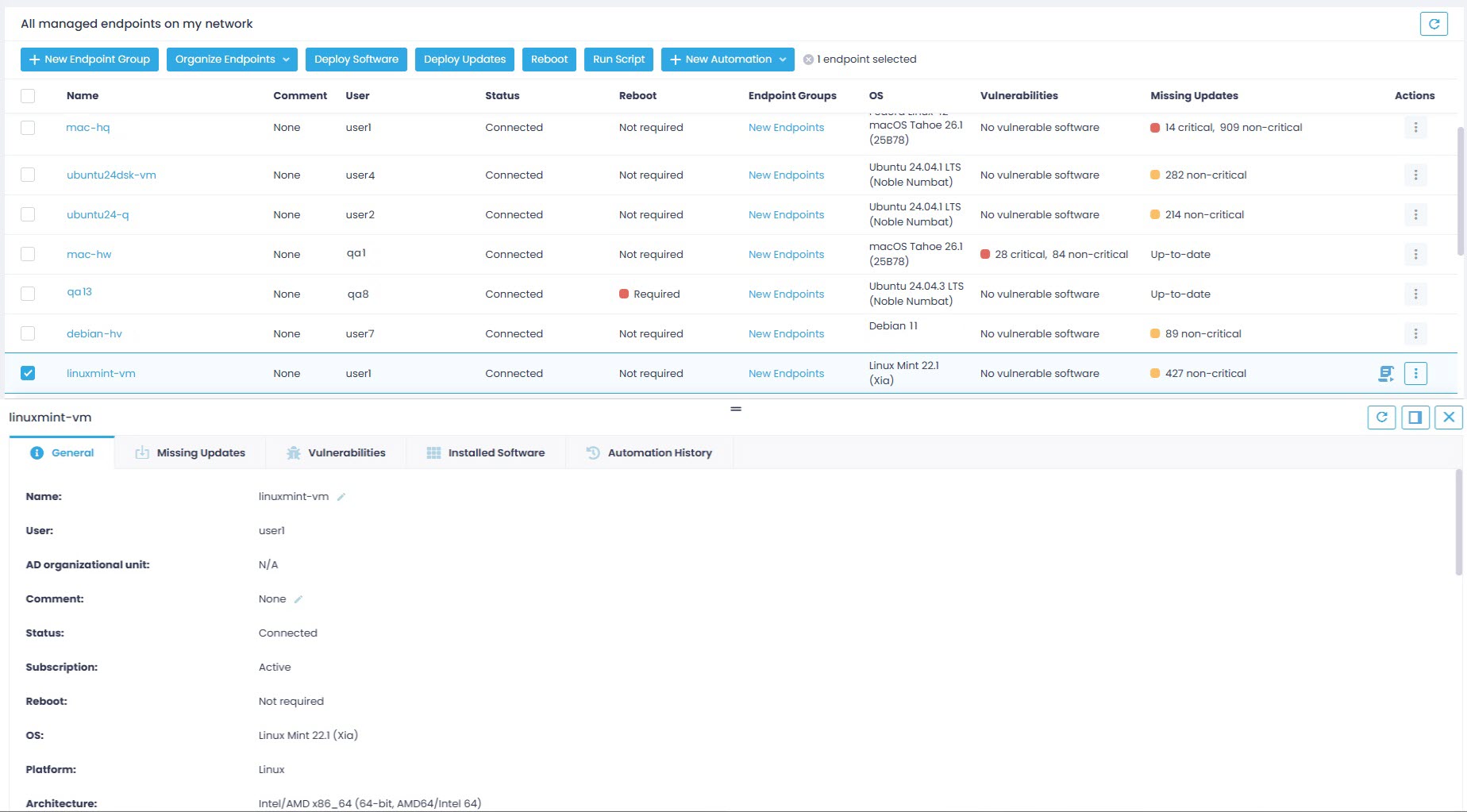 linux-general-tab Endpoints view and General tab expanded