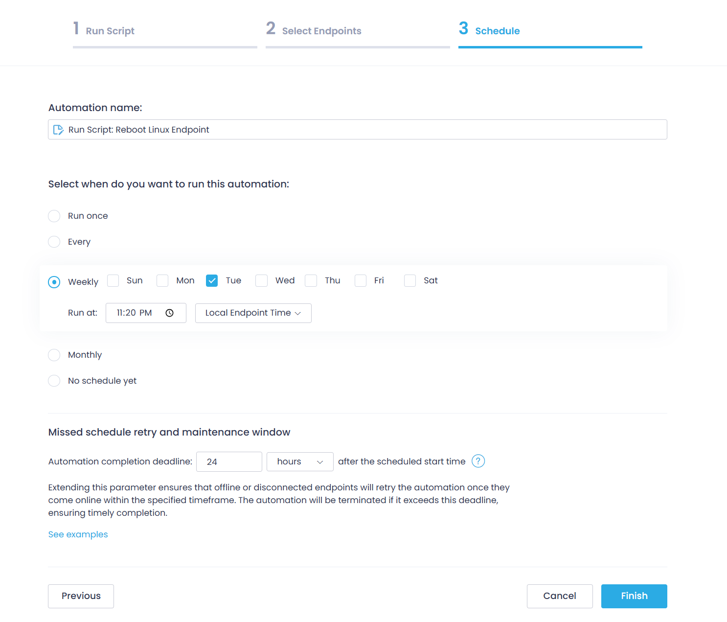 linux-reboot-schedule-new Endpoints view and General tab expanded