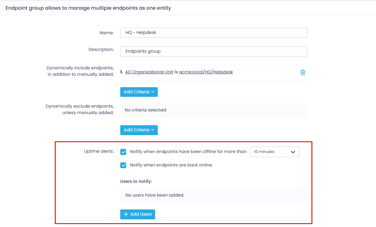 uptime-alert-enabled Enabling uptime alerts for managed endpoints to be sent to Action1 users.