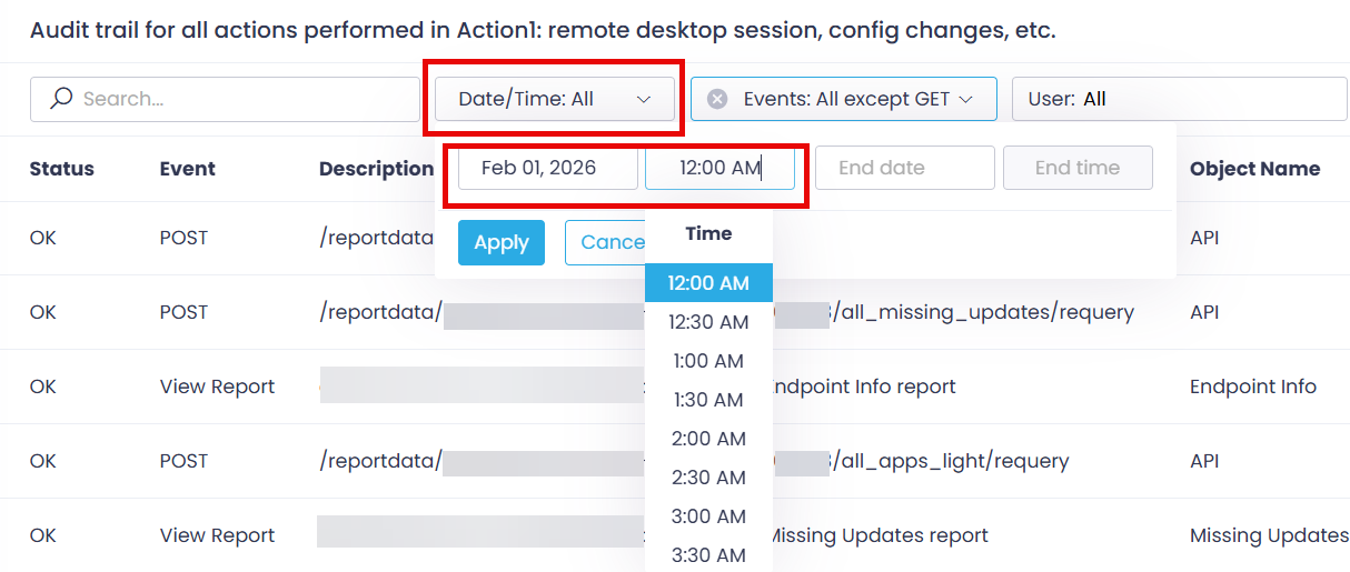 audit-trail-time-filter Use Date/Time filter to display required records in Audit Trail view.