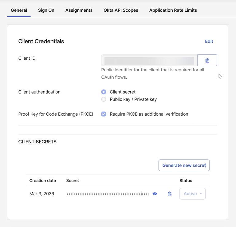 client_creds Copy Client ID and secret from Okta app integration to use in Action1.