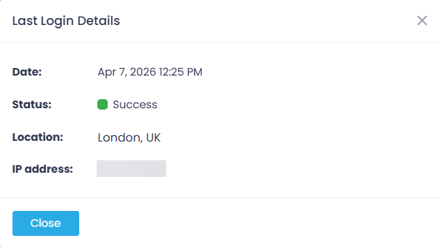 last-login-details Last login details shown in pop-up, including date-time, login status, IP address, and location.