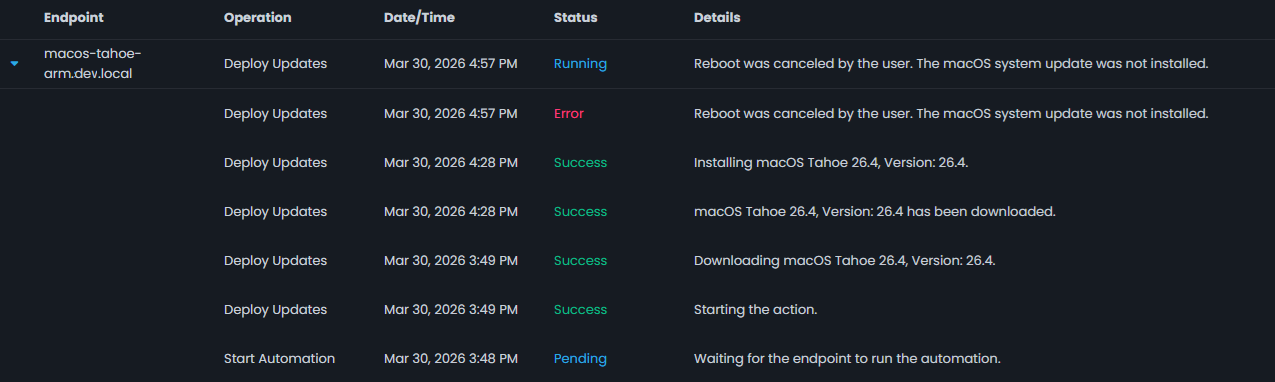 mac-automation-history-records Automation history record shown after the user cancelled the reboot.