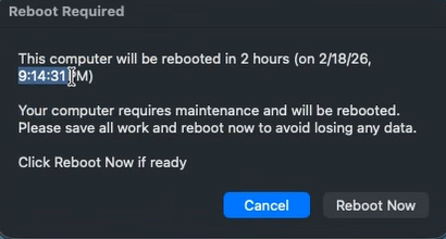 Reboot prompt shown to macOS endpoint user.