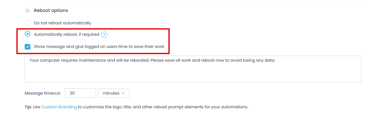 prompt-enabled Reboot option enabled in the automation settings.
