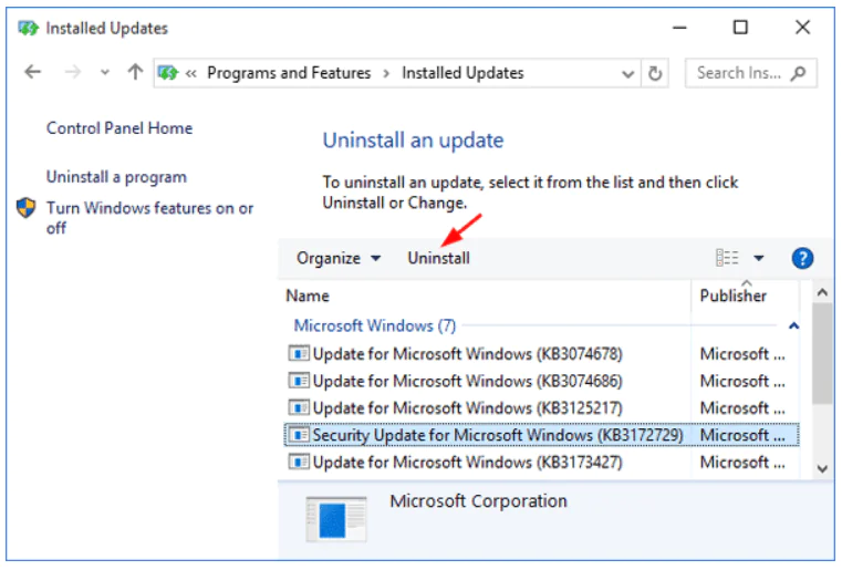 Step 7 to fix trouble when Microsoft Windows Updates not working Is to Choose to Uninstall Any of These Updates