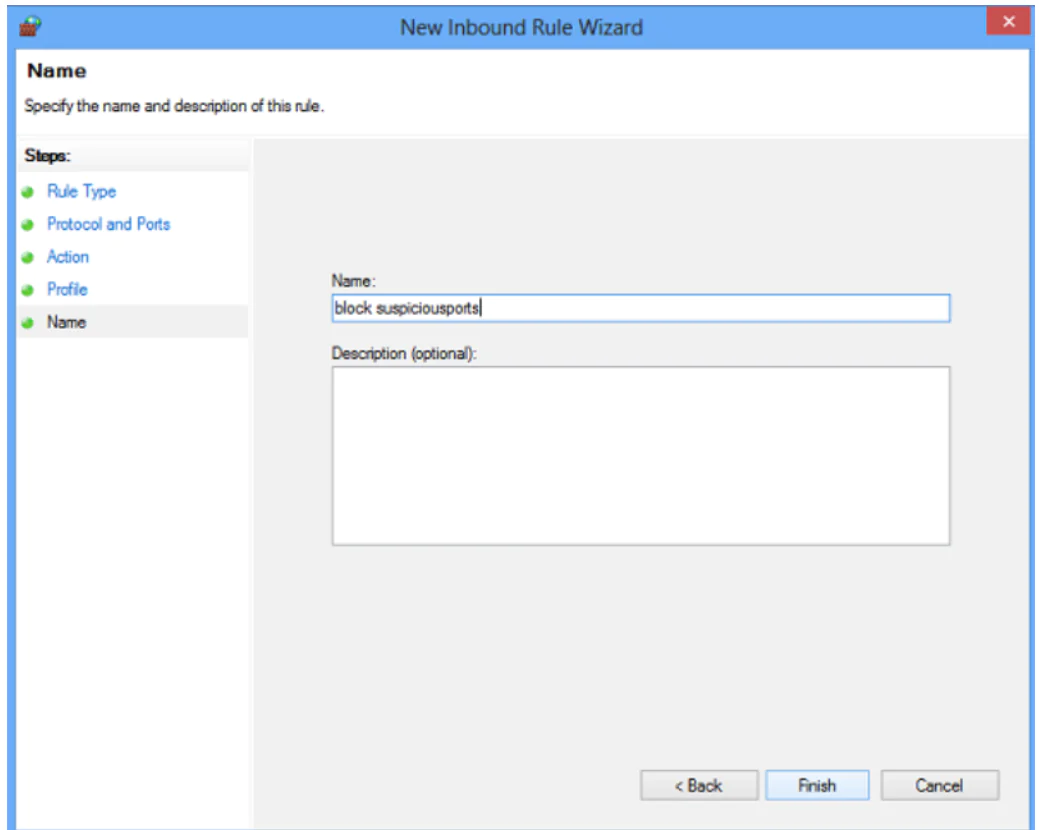 Step 4 to Block Windows Firewall port is to Name your rule and configure the settings