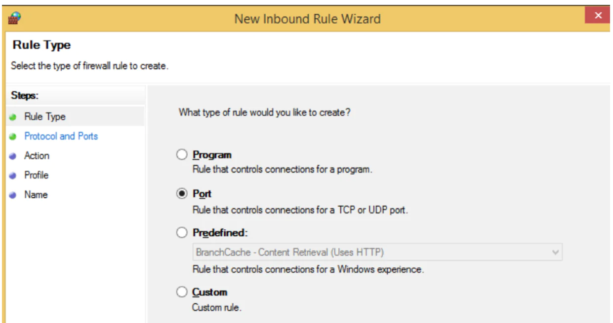 Step 4 to Block Windows Firewall port is to Open the New Inbound Rule Wizard