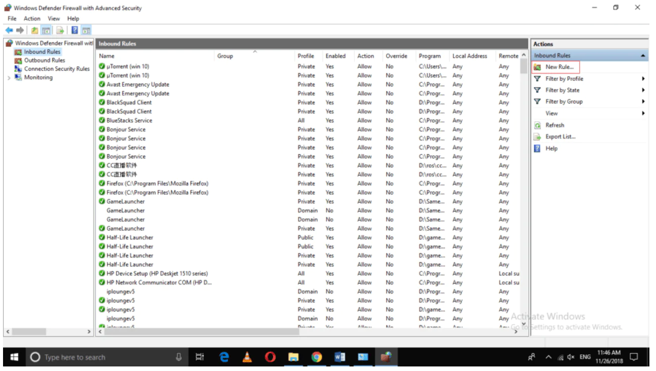 Step 3 to Block Windows Firewall port is to Select New Rule