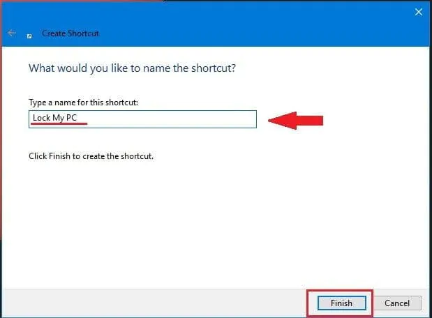 Step 3 to Lock Remote Computer is to Type a name for your shortcut