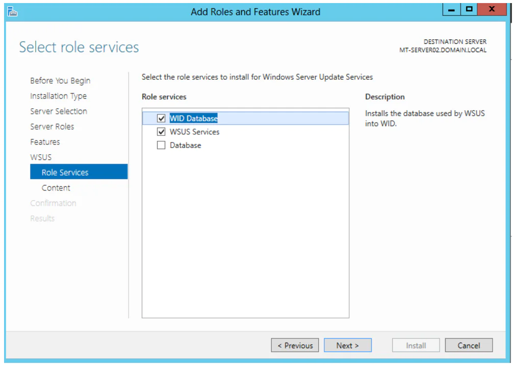 Install WSUS. select to install Windows Internal Database as store of WSUS