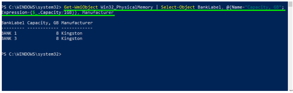 Command to powershell check ram type (Capacity column in bytes)