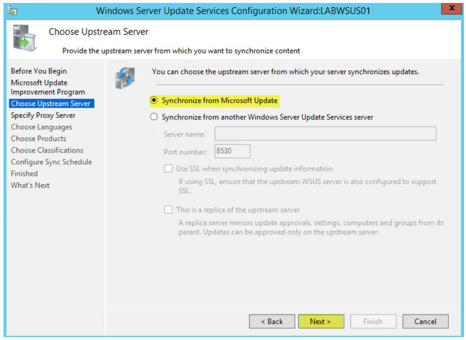 choose upstream WSUS server