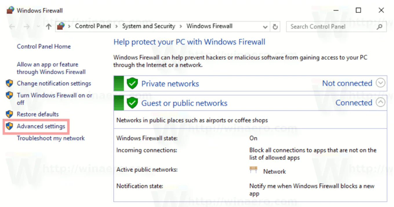 Step 1 to Block Windows Firewall port is to click the Advanced Settings link