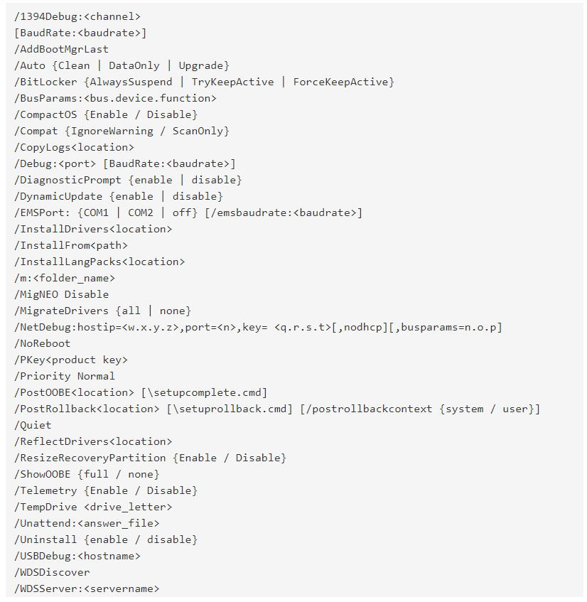 Upgrade Windows 10 Build from the Command Line. General syntax and parameters for Setup