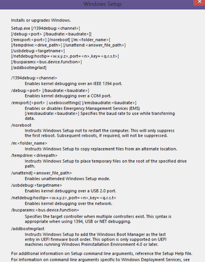 Upgrade Windows 10 Build from the Command Line. Setup parameters