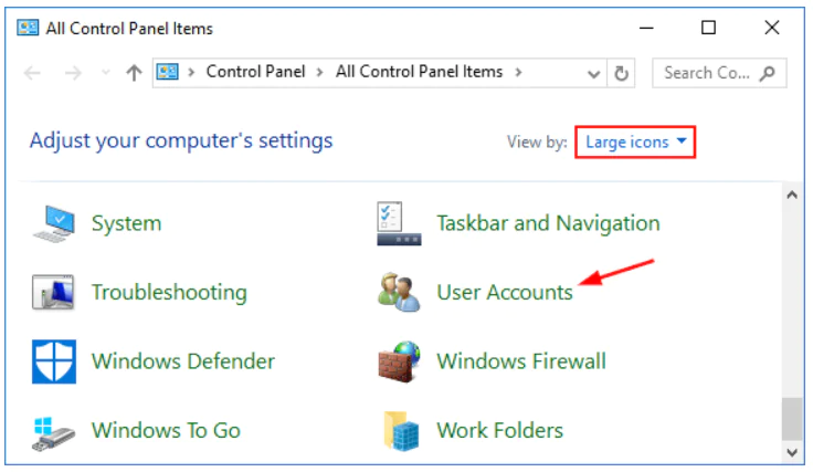 select User Accounts First step to Disable User Account Control is to Open User Accounts