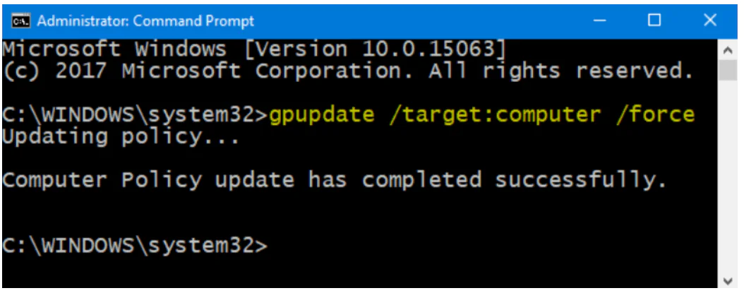 Run the gpupdate target computer command