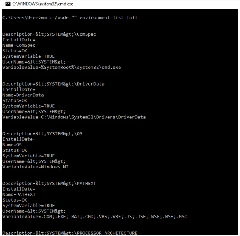 use the wmic utility to print environment variables