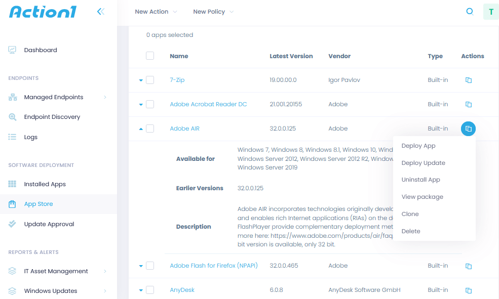 software deployment process with action1 appstore