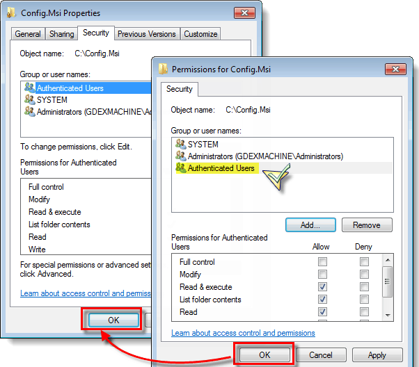 Click OK to set permissions for authenticated users